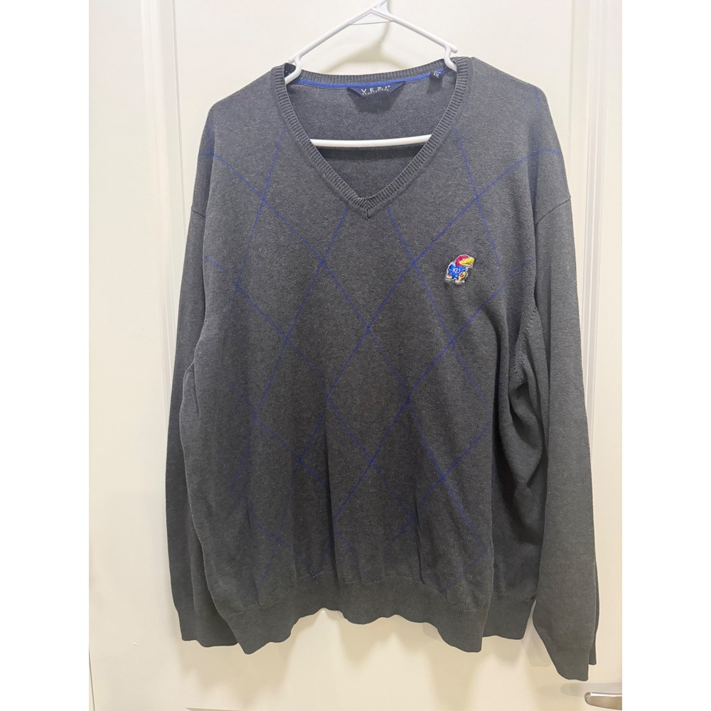 Vesi Sportswear Kansas‎ Jayhawks Mens XXL Grey Argyle V-Neck Sweater KU NCAA